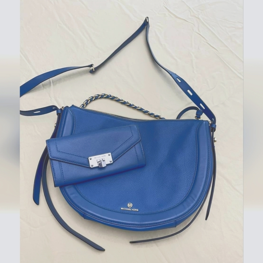 Michael kors‎ blue pebbled leather crossbody bag with wallet